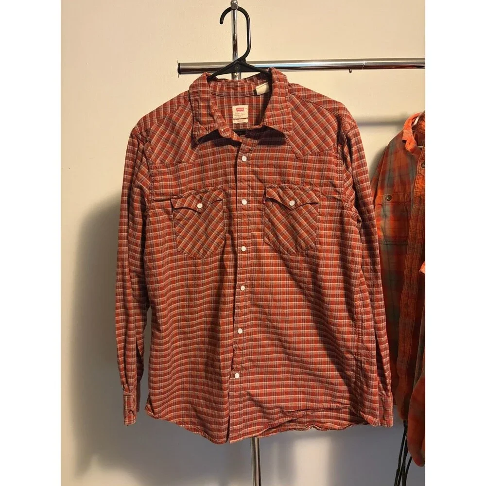 Levi's Men's L Red Plaid Western Pearl Snap Long Sleeve Cotton Shirt